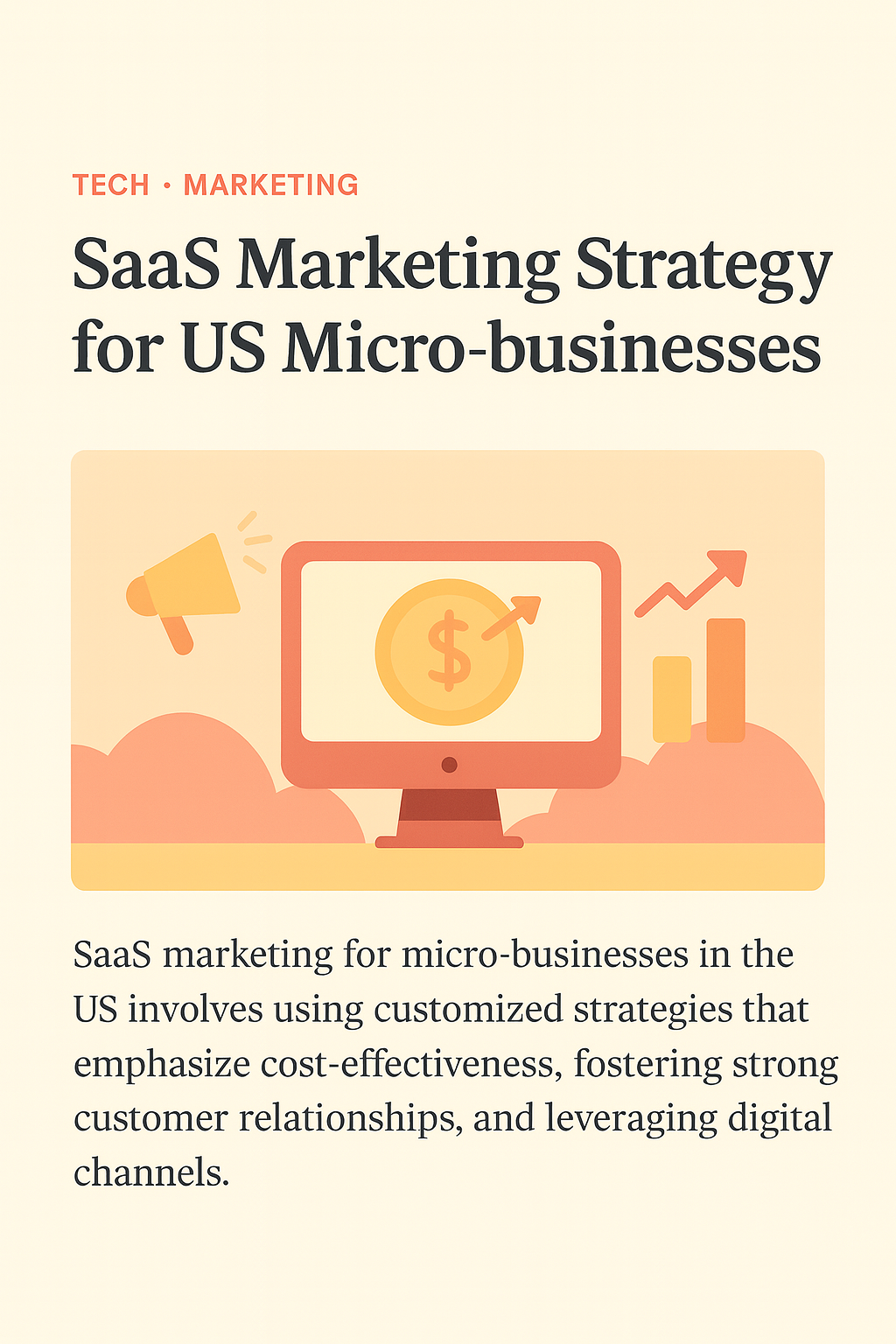 “Illustration of SaaS marketing strategy for US micro-businesses, featuring a computer screen with a dollar symbol, growth chart, and megaphone in pastel colors representing digital marketing and business growth.”