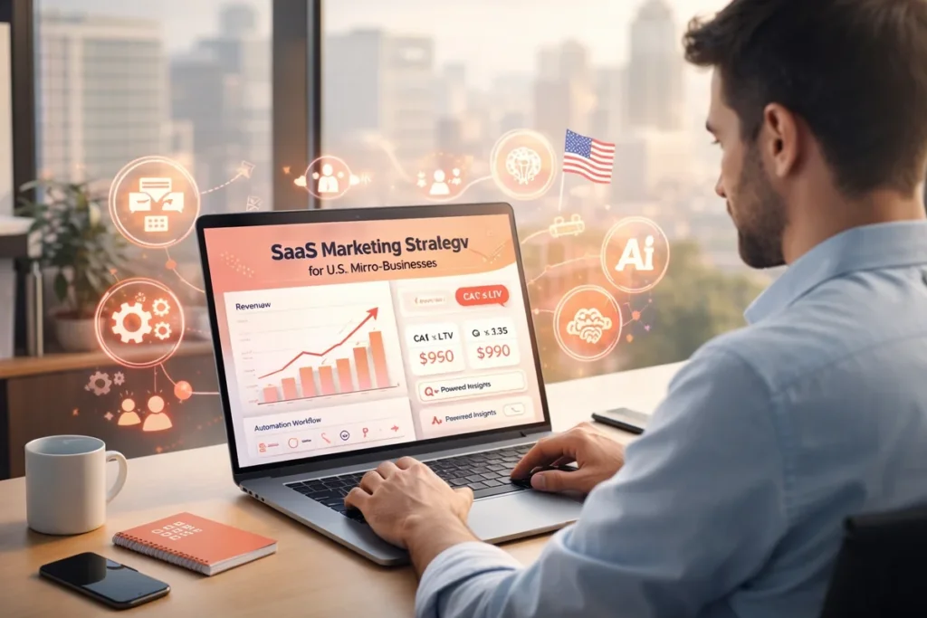 SaaS marketing dashboard showing revenue growth, CAC vs LTV metrics and AI automation for U.S. micro-business owners
