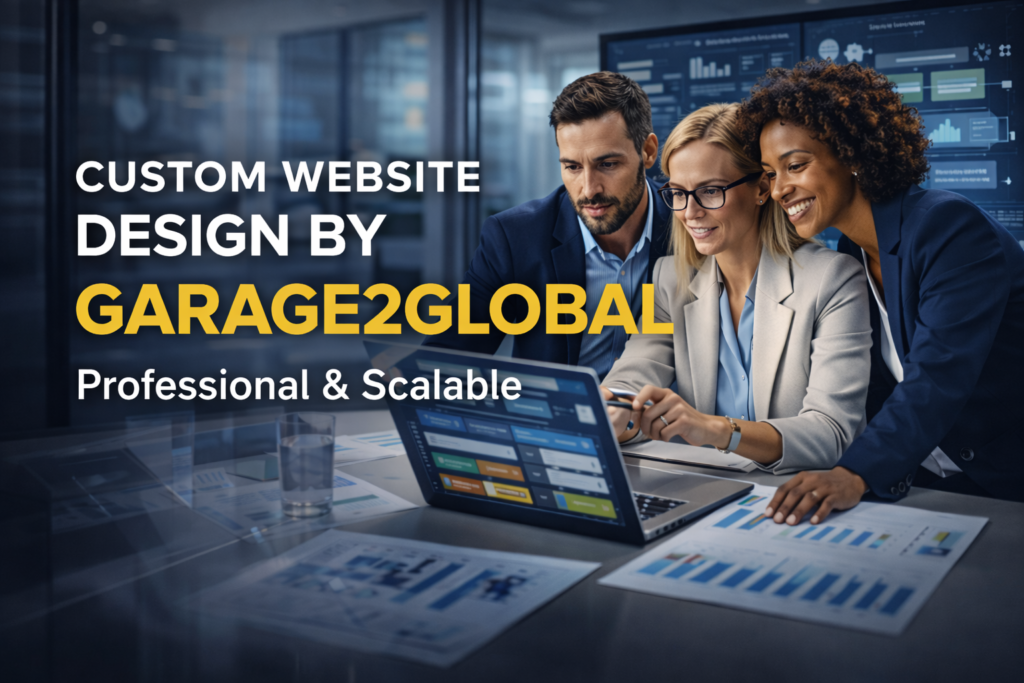 Diverse team collaborating on a custom website design by Garage2Global in a modern office with laptops and website mockups