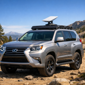 “Lexus GX460 SUV with Starlink Mini satellite dish mounted on Prinsu roof rack, parked in off-road terrain with mountains and clear sky, professional overlanding setup.”