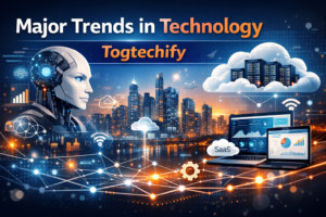 Major trends in technology showing AI, cloud computing, SaaS platforms, and intelligent enterprise networks