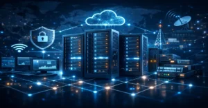 Managed network services showing enterprise data centers, cloud networking, and secure IT infrastructure