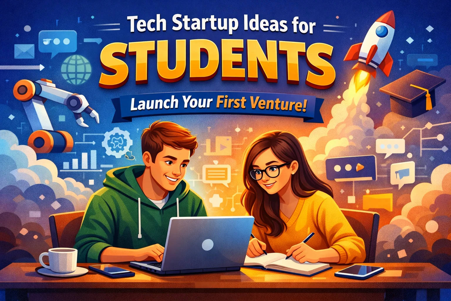 "Students collaborating on laptops and tablets with tech startup icons floating around, representing tech startup ideas for students."